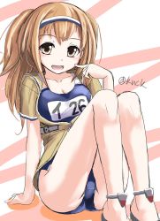 Rule 34 | 10s, 1girl, anklet, blush, breasts, brown eyes, collarbone, fang, hairband, highres, i-26 (kancolle), jewelry, kantai collection, knck, large breasts, light brown hair, long hair, looking at viewer, new school swimsuit, one-piece swimsuit, open mouth, sailor collar, sandals, school swimsuit, short sleeves, sitting, sketch, solo, swimsuit, swimsuit under clothes, two-tone hairband, two side up