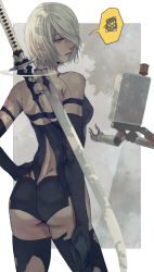 Rule 34 | 1girl, bare shoulders, black gloves, blue eyes, closed mouth, elbow gloves, floating, floating weapon, gauss &lt;bokashi, gloves, grass, grey hair, hair over one eye, half-closed eyes, hand on own hip, highres, katana, nier (series), nier:automata, pod (nier:automata), robot, scribble, short hair, speech bubble, standing, sword, tree, weapon, weapon on back, a2 (nier:automata)
