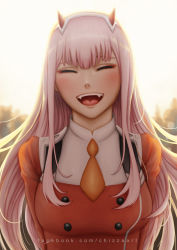 Rule 34 | 10s, 1girl, breasts, chizza, closed eyes, darling in the franxx, facebook username, fangs, hairband, highres, horns, laughing, long hair, medium breasts, open mouth, orange neckwear, pilot suit, pink hair, red horns, solo, white hairband, zero two (darling in the franxx)