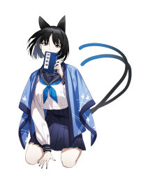 Rule 34 | 1girl, absurdres, animal ears, black eyes, black hair, black nails, black sailor collar, black skirt, blue archive, blue halo, blue neckerchief, book, bright pupils, cat ears, cat tail, fingernails, halo, heianjian, highres, holding, holding book, kikyou (blue archive), long sleeves, looking at viewer, multiple tails, nail polish, neckerchief, pleated skirt, sailor collar, school uniform, serafuku, short hair, simple background, skirt, solo, tail, two tails, white background, white pupils