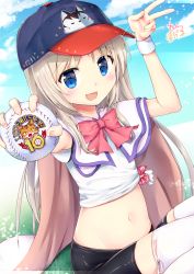 Rule 34 | 1girl, :d, animal print, artist name, ball, baseball cap, bike shorts, blonde hair, blue eyes, blue sky, bow, bowtie, cape, cat print, cloud, copyright name, crop top, day, fang, grass, hat, holding, holding ball, little busters!, long hair, looking at viewer, maruma (maruma gic), midriff, navel, noumi kudryavka, open mouth, outdoors, outstretched arm, red bow, red bowtie, shirt, signature, sitting, sky, smile, solo, stomach, sunlight, thighhighs, tied shirt, v, white thighhighs, wristband