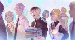 Rule 34 | 3girls, 4boys, :d, antenna hair, arima kishou, ascot, black necktie, black shirt, blonde hair, book, book stack, character request, closed eyes, closed mouth, collared shirt, commentary request, glasses, green hair, grey background, grey necktie, hairu ihei, hand up, highres, holding, holding book, kyuuba melo, long sleeves, mado akira, multicolored hair, multiple boys, multiple girls, mutsuki tooru, necktie, open book, open mouth, pen, pink hair, sasaki haise, shirazu ginshi, shirt, short hair, smile, teeth, tokyo ghoul, tokyo ghoul:re, two-tone hair, upper teeth only, vest, white shirt, white vest