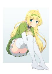 Rule 34 | 1girl, absurdres, blonde hair, blue eyes, blush, boots, breasts, closed mouth, commentary, dress, elf, frilled dress, frills, green dress, green hairband, hairband, highres, hugging own legs, isekai maou to shoukan shoujo no dorei majutsu, leaning forward, long hair, looking at viewer, medium breasts, nakayama naoya, outside border, panties, pantyshot, pointy ears, shera l. greenwood, short dress, short sleeves, sitting, smile, solo, thigh boots, thighhighs, underwear, white footwear