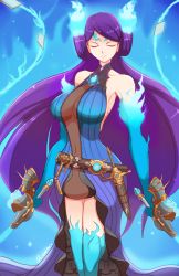 Rule 34 | 1girl, aqua thighhighs, bad id, bad twitter id, breasts, brighid (xenoblade), cleavage, collarbone, dual wielding, closed eyes, fire, gloves, gold trim, highres, holding, jellcaps, long hair, looking at viewer, navel, nintendo, purple hair, see-through, simple background, smile, solo, sword, thighhighs, very long hair, weapon, xenoblade chronicles (series), xenoblade chronicles 2