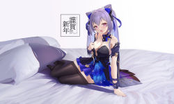 Rule 34 | 1girl, absurdres, bed, bed sheet, black pantyhose, breasts, cleavage, clothes pull, dress, genshin impact, happy new year, highres, keqing (genshin impact), keqing (opulent splendor) (genshin impact), medium breasts, multicolored clothes, multicolored dress, new year, on bed, pantyhose, pantyhose pull, pillow, purple eyes, purple hair, smile, solo, twintails, xintianou