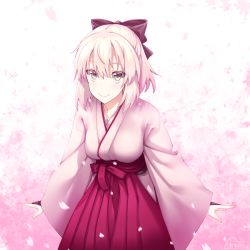 Rule 34 | 1girl, absurdres, akino sora, arms at sides, artist name, black bow, blonde hair, blurry, bow, breasts, c:, cherry blossoms, closed mouth, depth of field, fate (series), hair between eyes, hair bow, hakama, hakama skirt, half updo, highres, japanese clothes, koha-ace, large breasts, looking at viewer, okita souji (fate), okita souji (koha-ace), petals, pleated skirt, purple skirt, short hair, signature, skirt, smile, solo, wide sleeves, yellow eyes