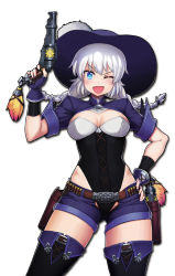 Rule 34 | 1girl, player character (mabinogi), bandolier, belt, blue eyes, braid, breasts, cleavage, contrapposto, cowboy hat, cowboy shot, defiaz (infinity), fingerless gloves, gloves, gun, hand on own hip, hat, highleg, highleg leotard, holster, large breasts, leotard, long hair, looking at viewer, mabinogi, one eye closed, open mouth, short shorts, shorts, silver hair, standing, thighhighs, twin braids, twintails, weapon