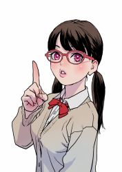 Rule 34 | 1girl, bow, bowtie, brown hair, buttons, cardigan, collared shirt, glasses, lips, low twintails, original, parted lips, peco (pockleberry), pink eyes, pointing, pointing up, school uniform, shirt, solo, swept bangs, twintails, upper body