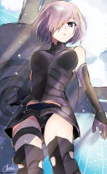 Rule 34 | 1girl, absurdres, armor, armored boots, bare shoulders, boots, derori226, fate/grand order, fate (series), gloves, hair over one eye, highres, mash kyrielight, purple eyes, purple hair, shield, short hair, solo