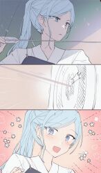 Rule 34 | 1girl, 3koma, archery, arrow (projectile), blue eyes, blue hair, bow (weapon), buchu14569590, comic, drawing bow, hinomori shizuku, holding, holding bow (weapon), holding weapon, mole, mole under mouth, ponytail, project sekai, serious, smile, solo, sparkle background, sparkling eyes, tagme, target, target practice, weapon, yumihike shiro no sekai de (project sekai)