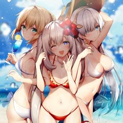 Rule 34 | 3girls, :d, ahoge, alternate costume, anastasia (fate), artoria pendragon (all), artoria pendragon (fate), artoria pendragon (swimsuit archer) (first ascension) (fate), ass, bare shoulders, beach, bikini, blonde hair, blue eyes, blue sky, blurry, blurry background, blush, breasts, choker, cleavage, closed mouth, collarbone, cowboy shot, cup, day, drinking glass, duplicate, fate/grand order, fate (series), flower, food, fruit, girl sandwich, green eyes, groin, hair between eyes, hair flower, hair ornament, hair over one eye, hair ribbon, hairband, hand on headwear, hat, head tilt, holding, holding cup, holding drinking glass, jewelry, large breasts, lemon, lemon slice, light particles, light rays, locked arms, long hair, looking at viewer, marie antoinette (fate), medium breasts, multiple girls, necklace, necomi, ocean, one eye closed, open mouth, outdoors, red bikini, ribbon, saber (fate), sand, sandwiched, sarong, shade, side-tie bikini bottom, signature, silver hair, sky, smile, stomach, sun hat, swimsuit, thighs, tropical drink, twintails, very long hair, waving, wet, white bikini