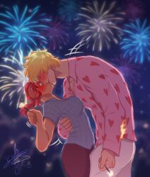 Rule 34 | 1boy, 1girl, bellemere, blush, breasts, closed eyes, donquixote rocinante, fire, fireworks, full-face blush, gibsugar, hand on another&#039;s waist, heart, heart print, height difference, hetero, highres, holding, holding fireworks, kiss, long hair, one piece, pants, red hair, shirt, short hair, sparkler
