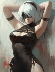 Rule 34 | 1girl, 2b (nier:automata), armband, armpits, arms behind head, arms up, bare shoulders, black armband, black blindfold, black dress, black hairband, blindfold, breasts, cleavage, cleavage cutout, closed mouth, clothing cutout, dress, facing viewer, hairband, highres, medium breasts, mole, mole under mouth, nier:automata, nier (series), red lips, short hair, sleeveless, sleeveless dress, solo, tight clothes, turtleneck, turtleneck dress, upper body, white hair, wodeipoi