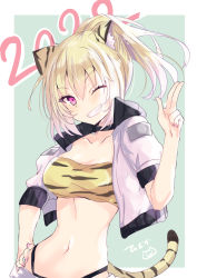 Rule 34 | 1girl, 2022, animal ear fluff, animal ears, animal print, black collar, blonde hair, breasts, chinese zodiac, collar, collarbone, commentary request, cropped jacket, green background, grin, hair between eyes, hand on own hip, hand up, highleg, highres, hizaka, jacket, looking at viewer, medium breasts, nail polish, naked shirt, navel, open clothes, open jacket, original, pink nails, ponytail, puffy short sleeves, puffy sleeves, purple eyes, shirt, short sleeves, smile, solo, tail, tiger ears, tiger girl, tiger print, tiger tail, two-tone background, white background, white jacket, year of the tiger