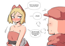 1boy 1girl blonde_hair blush breasts cleavage comic creatures_(company) english_text game_freak irida_(pokemon) medium_breasts nintendo nose_blush pokemon pokemon_legends:_arceus rei_(pokemon) short_hair simple_background sparkle speech_bubble standing white_background woomochi