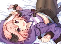 Rule 34 | 1boy, :d, astolfo (fate), astolfo (memories at trifas) (fate), bad id, bad pixiv id, bed sheet, belt, black bow, black pantyhose, black skirt, blush, bow, braid, fang, fate/grand order, fate (series), from behind, hair bow, hair intakes, hands up, jacket, knees up, long hair, long sleeves, looking at viewer, looking back, male focus, miniskirt, multicolored hair, navel, official alternate costume, omuretsu, on bed, open clothes, open jacket, open mouth, pantyhose, pink hair, pleated skirt, pom pom (clothes), purple eyes, purple jacket, shirt, signature, single braid, skirt, smile, solo, streaked hair, striped clothes, striped shirt, trap, w arms, white hair