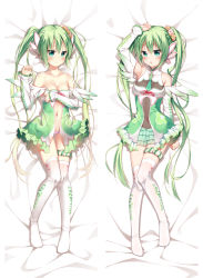 Rule 34 | 1girl, arm at side, arm up, bare shoulders, bed sheet, blush, breasts, cleavage, closed mouth, collarbone, commentary, dakimakura (medium), dress, flower, green dress, green eyes, green hair, green skirt, hair between eyes, hair flower, hair ornament, hatsune miku, layered skirt, long hair, long sleeves, looking at viewer, lying, medium breasts, multiple views, navel, no shoes, on back, panties, parted lips, purple panties, skirt, thigh strap, thighhighs, twintails, underwear, very long hair, vocaloid, white thighhighs, xia xiang (ozicha)
