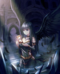 Rule 34 | 1girl, black hair, black wings, blue eyes, breasts, choker, cleavage, detached sleeves, dress, feathers, highres, hourglass, jewelry, light, limit x, long hair, looking away, md5 mismatch, medium breasts, original, resolution mismatch, solo, source larger, standing, submerged, wading, wings