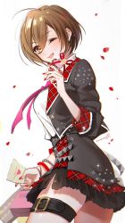 Rule 34 | 1girl, ;d, brown eyes, brown hair, candy, caracoro, chocolate, chocolate heart, food, heart, highres, holding, holding chocolate, holding food, leo/need meiko, meiko (vocaloid), necktie, one eye closed, open mouth, project sekai, school uniform, short hair, sleeves rolled up, smile, solo, thigh strap, vocaloid, wristband