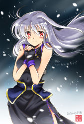 Rule 34 | 1girl, artist name, black dress, black gloves, closed mouth, commentary request, cowboy shot, dated, dress, fingerless gloves, gloves, highres, long dress, long hair, looking at viewer, lyrical nanoha, mahou shoujo lyrical nanoha, mahou shoujo lyrical nanoha a&#039;s, red eyes, reinforce, san-pon, side slit, signature, silver hair, sleeveless, sleeveless dress, smile, snow, solo, standing, translated, waist cape, wind