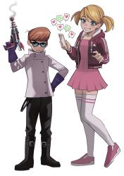 Rule 34 | 1boy, 1girl, black-framed eyewear, black footwear, black pants, blonde hair, blue eyes, blush, brother and sister, commentary, dee dee, dexter&#039;s laboratory, dexter (dexter&#039;s laboratory), dress, energy gun, english commentary, glasses, gloves, hand on own hip, heel up, highres, jacket, jourd4n, lab coat, like and retweet, orange hair, pants, pink dress, pink footwear, purple gloves, ray gun, short twintails, siblings, smile, thighhighs, thighs, twintails, weapon, white background, white thighhighs, zettai ryouiki