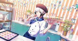 Rule 34 | 1boy, black hair, cooking pot, fingernails, food, hair between eyes, hat, highres, holding, holding food, holding plate, idolmaster, idolmaster side-m, idolmaster side-m growing stars, kitamura sora, kitchen, looking at viewer, male focus, microwave, multicolored hair, official art, orange eyes, plant, plate, potted plant, smile, solo, white hair