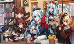 Rule 34 | 6+girls, :d, :q, absinthe (arknights), absurdres, alternate costume, animal ears, arknights, bear ears, blonde hair, blue eyes, blue hair, blue headwear, blue neckwear, bookshelf, bottle, braid, bread, breasts, brown hair, brown jacket, commentary, cup, diagonal stripes, closed eyes, food, fruit, frying pan, grey hair, gummy (arknights), hair ornament, hairband, hat, heterochromia, highres, holding, holding bottle, holding frying pan, holding plate, iku! iku!!, indoors, istina (arknights), istina (bibliosmia) (arknights), jacket, leto (arknights), long sleeves, looking at another, medium breasts, monocle, mug, multicolored hair, multiple girls, neckerchief, necktie, official alternate costume, open mouth, pancake, peaked cap, picture frame, plate, red eyes, red hair, red hairband, red neckwear, rosa (arknights), smile, strawberry, streaked hair, striped, tongue, tongue out, twin braids, upper body, white hair, x hair ornament, zima (arknights)