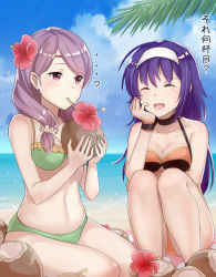 Rule 34 | 2girls, beach, bikini, blue sky, breasts, cleavage, cloud, coconut, commentary request, day, drinking, drinking straw, closed eyes, fire emblem, fire emblem: path of radiance, fire emblem heroes, flower, fruit cup, hair flower, hair ornament, hairband, haru (nakajou-28), ilyana (fire emblem), long hair, medium breasts, mia (fire emblem), multiple girls, navel, nintendo, open mouth, outdoors, purple eyes, purple hair, sitting, sky, swimsuit, translation request, water, white hairband