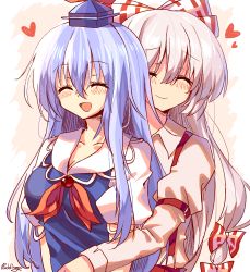 Rule 34 | 2girls, ^ ^, armband, artist name, bad id, bad pixiv id, beige shirt, blue dress, blue hair, blue headwear, blush, bow, breasts, closed eyes, closed mouth, collarbone, collared dress, collared shirt, dress, fujiwara no mokou, hair between eyes, hair bow, hat, heart, highres, holding person, hug, jewelry, kamishirasawa keine, long hair, long sleeves, multicolored bow, multicolored hair, multiple girls, multiple hair bows, open mouth, pants, pudding (skymint 028), puffy short sleeves, puffy sleeves, red bow, red neckwear, red pants, shirt, short sleeves, signature, silver hair, smile, suspenders, touhou, two-tone hair, upper body, white bow, white sleeves