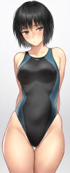Rule 34 | 1girl, amagami, arms behind back, black hair, black one-piece swimsuit, blush, breasts, closed mouth, commentary request, competition swimsuit, embarrassed, highres, medium breasts, nanasaki ai, one-piece swimsuit, purple eyes, serizawa (serizawaroom), short hair, solo, swimsuit
