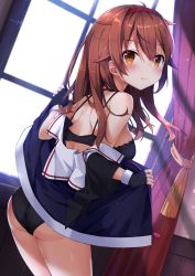 Rule 34 | 1girl, ass, bare shoulders, black bra, black gloves, black panties, black shirt, blush, bra, breasts, brown eyes, brown hair, closed mouth, commentary request, curtains, day, dutch angle, ezoshika, fingerless gloves, gloves, hair between eyes, hairband, highres, indoors, kantai collection, looking at viewer, looking to the side, medium breasts, no pants, off shoulder, panties, red hairband, sailor collar, school uniform, serafuku, shiratsuyu (kancolle), shirt, short sleeves, smile, solo, sunlight, sweat, underwear, undressing, wavy mouth, white sailor collar, window