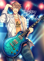 Rule 34 | 1boy, bad id, bad pixiv id, bishounen, brown hair, cable, cowboy shot, from argonavis, goryou yuuto, guitar, happy birthday, instrument, jacket, male focus, open mouth, saigi, sleeves rolled up, solo, torn clothes, white jacket