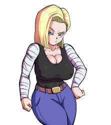 Rule 34 | 1girl, absurdres, android 18, annoyed, arm at side, belt, blonde hair, blue eyes, bob cut, breasts, cleavage, clothes, covered erect nipples, denim, dragon ball, dragonball z, feet out of frame, female focus, groin, hand on own hip, highres, jeans, large breasts, legs, looking at viewer, medium hair, pants, pseudocel, raglan sleeves, simple background, solo, standing, thighs, white background