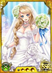 Rule 34 | 1girl, bare shoulders, blonde hair, blue eyes, blush, bouquet, braid, breasts, bridal veil, bride, card (medium), cleavage, dmm, dress, drill hair, earrings, female focus, flower, gloves, jewelry, large breasts, long hair, looking at viewer, necklace, nobunaga wa ore no yome. hime bushou 1000-ningiri, official art, open mouth, simple background, single braid, smile, solo, standing, strapless, trading card, veil, wedding dress
