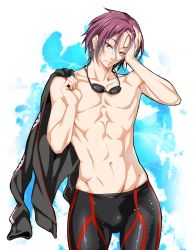 Rule 34 | 10s, 1boy, bad link, black jammers, black male swimwear, brown hair, cle masahiro, cowboy shot, free!, goggles, goggles around neck, hand on own head, holding, jacket, jammers, looking at viewer, male focus, male swimwear, matsuoka rin, muscular, open mouth, parted lips, red eyes, short hair, solo, standing, swim trunks, swimsuit, topless male