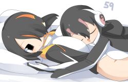 Rule 34 | 2girls, between breasts, black hair, black jacket, breasts, brown eyes, closed mouth, commentary request, cowboy shot, emperor penguin (kemono friends), expressionless, face between breasts, gentoo penguin (kemono friends), hair between eyes, hair over one eye, head between breasts, headphones, jacket, kemono friends, large breasts, lets0020, long bangs, lying, medium breasts, multicolored hair, multiple girls, numbered, on back, one-piece swimsuit, open clothes, open jacket, open mouth, orange hair, pillow, pink hair, short hair, sleeping, sleeping on person, smile, streaked hair, swimsuit, white one-piece swimsuit