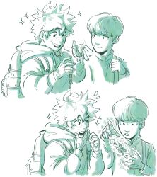 Rule 34 | 2boys, backpack, bag, blunt bangs, boku no hero academia, bowl cut, closed mouth, commentary, crossover, english commentary, floating, freckles, gakuran, green theme, habkart, hand on own chin, hands up, highres, holding strap, hood, hood down, hoodie, kageyama shigeo, levitation, long sleeves, looking at another, male focus, midoriya izuku, mob psycho 100, monochrome, multiple boys, open mouth, psychic, scar, scar on hand, school uniform, short hair, simple background, smile, telekinesis, upper body, white background