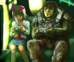 Rule 34 | amami haruka, controller, couch, crossover, game controller, gears of war, idolmaster, idolmaster (classic), marcus fenix, playing games, sitting