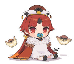 Rule 34 | 1girl, apron, azu (kirara310), benienma (fate), bird, brown eyes, brown hair, chibi, fate/grand order, fate (series), highres, long hair, low ponytail, pacifier, signature, sitting, sparrow, white apron, white background, wide sleeves