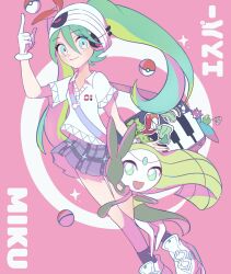 Rule 34 | 1girl, absurdres, bag, beanie, character name, closed mouth, collared shirt, commentary, creatures (company), crossover, eyelashes, game freak, gen 5 pokemon, green eyes, green hair, hat, hatsune miku, highres, index finger raised, legendary pokemon, long hair, meloetta, mythical pokemon, nintendo, pink background, plaid, plaid skirt, pleated skirt, poke ball, poke ball (basic), pokemon, pokemon (creature), project voltage, psychic miku (project voltage), ryusa (gjgd7445), shirt, shoes, skirt, smile, socks, twintails, vocaloid, white footwear, white headwear, white shirt