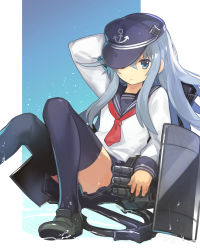 Rule 34 | 1girl, anchor, anchor symbol, arm behind head, arm up, black hat, black sailor collar, black skirt, black thighhighs, blue eyes, blue hair, blush, closed mouth, commentary request, flat cap, grey footwear, hat, hibiki (kancolle), kantai collection, loafers, long hair, long sleeves, looking at viewer, machinery, necktie, one eye covered, pleated skirt, ragu00, red necktie, sailor collar, school uniform, serafuku, shirt, shoes, short necktie, sitting, skirt, solo, thighhighs, thighs, very long hair, white shirt