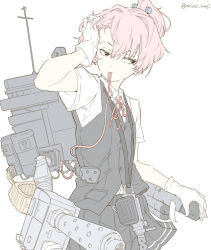 Rule 34 | 10s, 1girl, ammo feed, bad id, bad pixiv id, cannon, dot triangle, gears, gloves, gun, hand in own hair, kantai collection, lanyard, looking to the side, machine gun, machinery, mast, mecha musume, ninimo nimo, pink hair, ponytail, red ribbon, ribbon, shiranui (kancolle), simple background, skirt, solo, torpedo, turret, twitter username, vest, weapon, white background, white gloves, wire