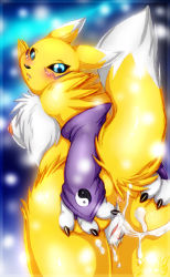 Rule 34 | 1girl, 2009, aftersex, animal ears, animal hands, artist name, ass, black sclera, blue eyes, blush, breasts, claws, colored sclera, cum, cum on pussy, dated, detached sleeves, digimon, digimon (creature), fang, female focus, fox tail, from behind, furry, furry female, inuki, large breasts, looking back, looking down, nipples, no humans, nude, open mouth, pussy, renamon, signature, snow, snowing, solo, source request, tail, teeth, text focus, uncensored