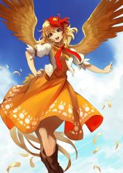 Rule 34 | 1girl, ahoge, arm up, bird, black eyes, blonde hair, blue sky, blush, boots, breasts, brown footwear, chick, cloud, cloudy sky, colored skin, commentary request, dress, eyelashes, feathers, fingernails, hair between eyes, hand on own hip, hand up, highres, looking at viewer, medium breasts, multicolored hair, niwatari kutaka, open clothes, open mouth, open vest, orange dress, puffy short sleeves, puffy sleeves, red eyes, red hair, red scarf, scarf, short hair, short sleeves, sky, smile, tail, teeth, teo (telo ruka), tongue, touhou, vest, white vest, wings, yellow skin