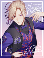 Rule 34 | 13 (bbr584607091), 1boy, black shirt, blonde hair, border, bow, bowtie, character name, collared shirt, commentary, dated, gradient background, gradient hair, hand on own hip, hand up, happy birthday, highres, jacket, letterman jacket, looking at viewer, male focus, multicolored hair, parted bangs, pink background, plaid, plaid vest, purple background, purple bow, purple bowtie, purple eyes, purple hair, purple jacket, purple vest, shirt, short hair, smile, solo, symbol-only commentary, twisted wonderland, upper body, vest, vil schoenheit