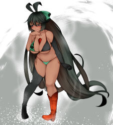 Rule 34 | 1girl, absurdres, antenna hair, aoshima, asymmetrical footwear, bare shoulders, bikini, black bikini, black eyes, black footwear, black gloves, black hair, blush, boots, bow, breasts, brown footwear, collarbone, commentary request, dark-skinned female, dark skin, elbow gloves, full body, gloves, green bikini, green bow, grey background, hair between eyes, hair bow, hand up, highres, knee boots, large breasts, long hair, mismatched footwear, multicolored bikini, multicolored clothes, open mouth, reiuji utsuho, side-tie bikini bottom, single glove, solo, standing, stomach, swimsuit, tan, thigh boots, thighhighs, thighs, touhou, very long hair