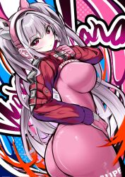 Rule 34 | 1girl, alice (nikke), animal ear headphones, animal ears, ass, back, bent over, blush, bodysuit, breasts, closed mouth, comiket 103, cropped jacket, fake animal ears, from behind, gloves, goddess of victory: nikke, grey hair, headphones, highres, impossible bodysuit, impossible clothes, jacket, kurono suzuran, large breasts, latex, latex bodysuit, long hair, looking at viewer, looking back, multicolored clothes, multicolored gloves, pink bodysuit, pink eyes, pink gloves, pink hair, pink headphones, red jacket, revision, shoes, shrug (clothing), sidelocks, skin tight, solo, twintails, two-tone gloves, white footwear, white gloves