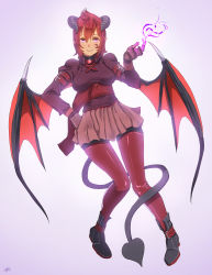 Rule 34 | 1girl, ankle boots, arm belt, belt boots, boots, breasts, closed mouth, commission, demon girl, demon tail, demon wings, facial tattoo, fire, full body, gloves, grey background, hair between eyes, highres, horns, justin leyva (steamy tomato), leg belt, looking at viewer, medium breasts, original, pantyhose, pigeon-toed, purple eyes, purple gloves, purple shirt, red hair, red pantyhose, sash, shirt, short hair, signature, smile, solo, tail, tattoo, wings