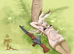 Rule 34 | 1girl, animal ears, automatic rifle, battle rifle, blonde hair, blue eyes, bra, breasts, covered erect nipples, fg 42, grass, gun, hanna-justina marseille, head wings, highres, long hair, luftwaffe, navel, panties, panty pull, predatorss, rifle, solo, strike witches, thighhighs, tree, underwear, weapon, wehrmacht, wings, witches of africa, world witches series
