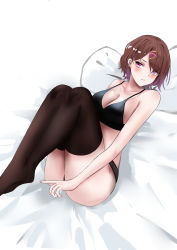 Rule 34 | 1girl, absurdres, bare shoulders, bed, black bra, black panties, black thighhighs, blush, bra, breasts, brown hair, chinese commentary, cleavage, closed mouth, collarbone, ear piercing, full body, highres, higuchi madoka, idolmaster, idolmaster shiny colors, legs up, lips, looking at viewer, lying, medium breasts, mianbaoren, mole, mole under eye, nail polish, on back, panties, piercing, pillow, purple eyes, red nails, short hair, simple background, solo, thighhighs, thighs, underwear